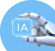 Mão de um robo segurando um chip escrito IA