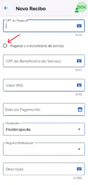 App Receita Saúde: preenchimento da opção "Pagador é o beneficiário do serviço"