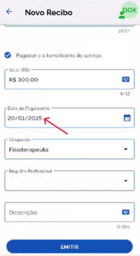 App Receita Saúde: preenchimento da data do pagamento do serviço