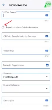 App Receita Saúde: preenchimento da opção "Pagador é o beneficiário do serviço"