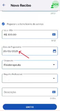 App Receita Saúde: preenchimento da data do pagamento do serviço
